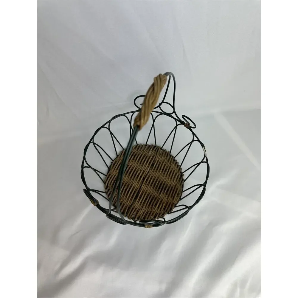Vintage Wire & Wicker French Country Handled Basket~Dark Green~Farmhouse